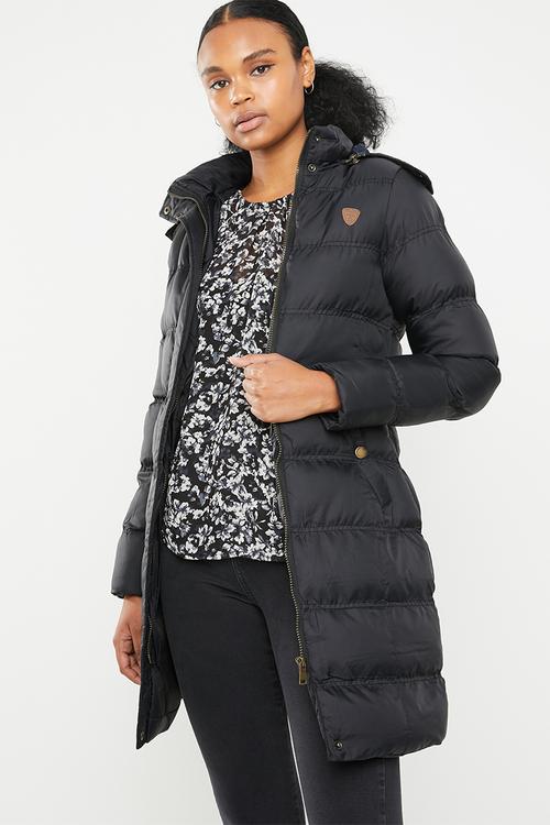 Longer length padded jacket with detachable hood - black