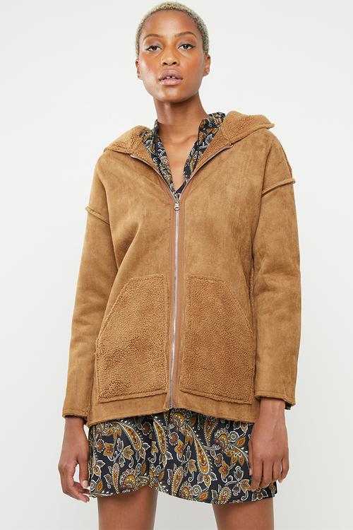 Reversible zip through borg jacket - tan