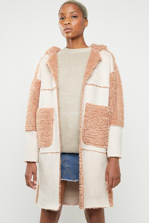 Longline curly borg bonded coat - pink