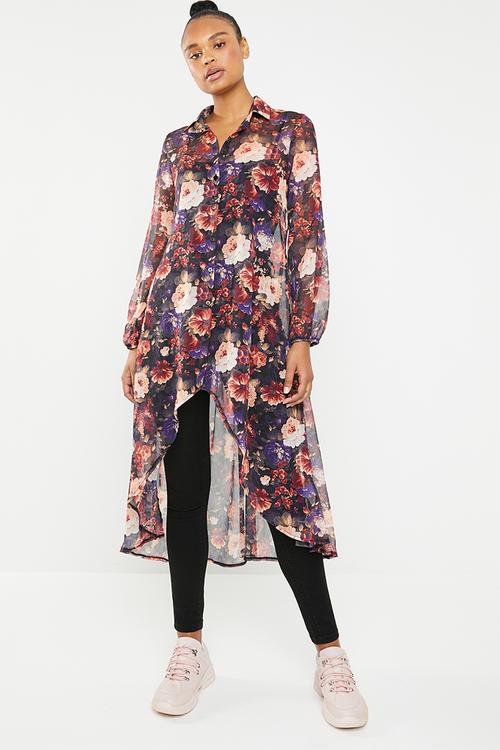 Hi-lo hem shirt dress - multi