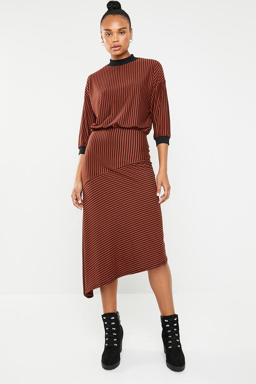 Asymmetric waisted knit dress - orange & black 