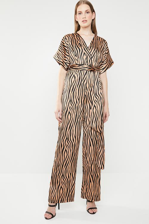 Satin animal belted jumpsuit - bronze