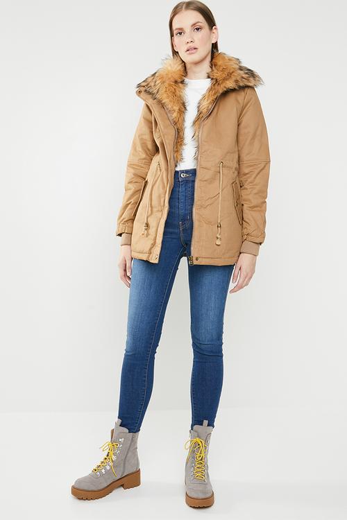 Drawstring jacket with faux fur collar - brown