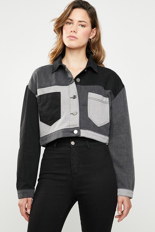 Colour block patchwork denim jacket - black