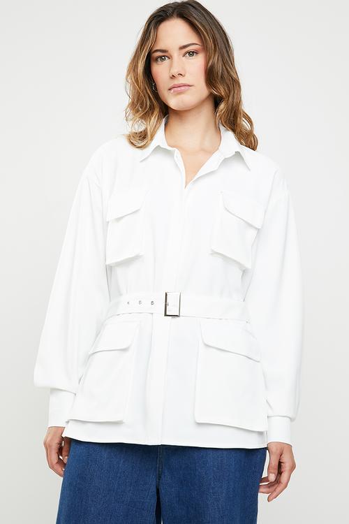 Belted shirt jacket - white
