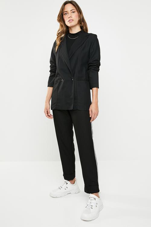 Longer length double breasted blazer - black