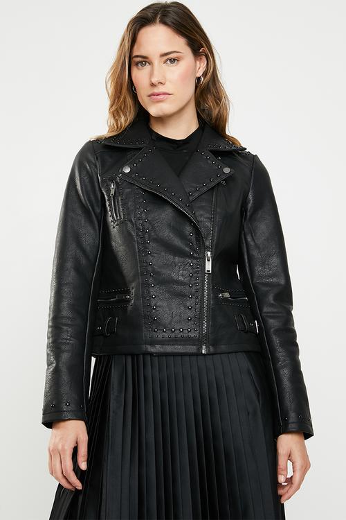 Annabelle embroidered faux leather biker - black