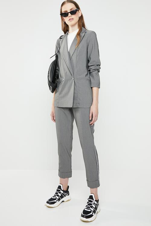 Longer length double breasted blazer - grey