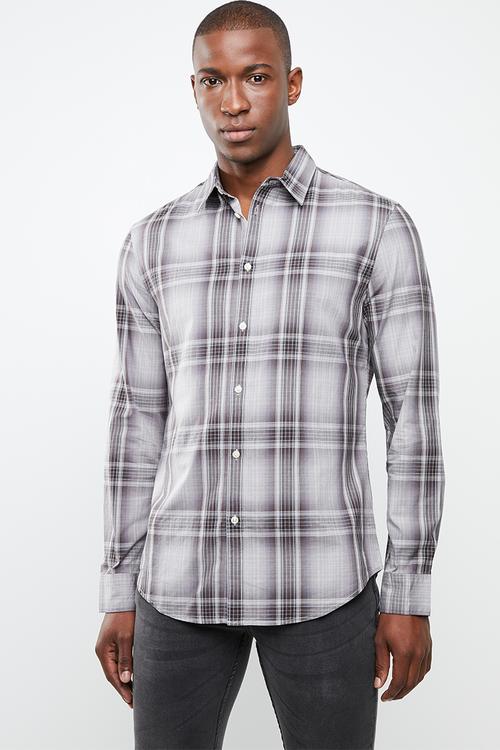 Button-up long sleeve check shirt - grey 