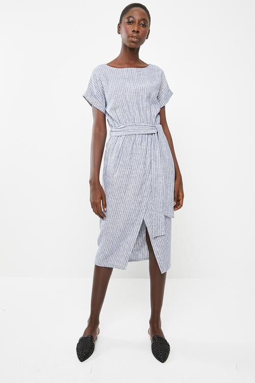 Stripe wrap dress with self fabric tie belt - blue & white