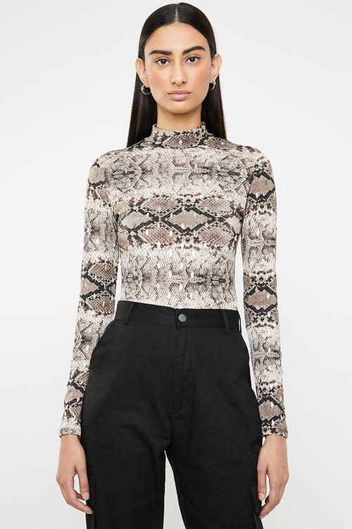 Slither turtle neck snake bodysuit -brown & beige