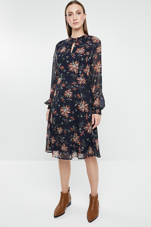 Floral chiffon keyhole dress - navy