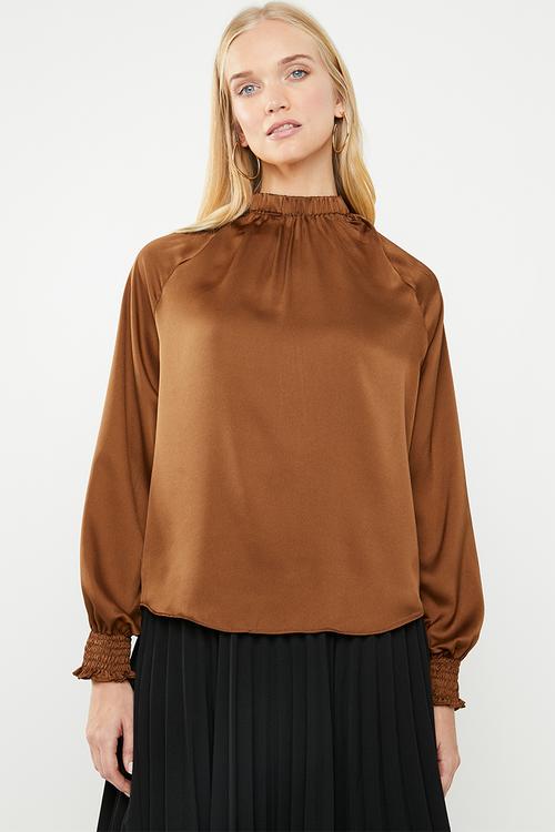 Elasticated hi neck blouse - brown