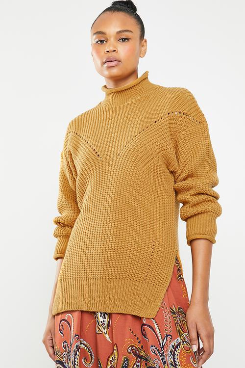 Funnel neck knit with side slits - gold 