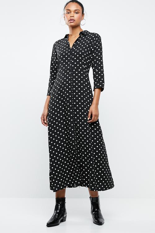 Spotted maxi shirt dress - black
