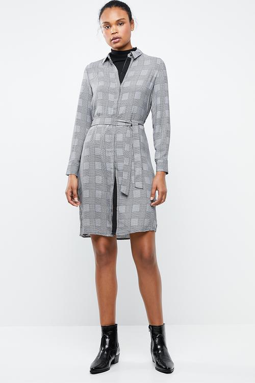 Long sleeve check shirt dress - grey