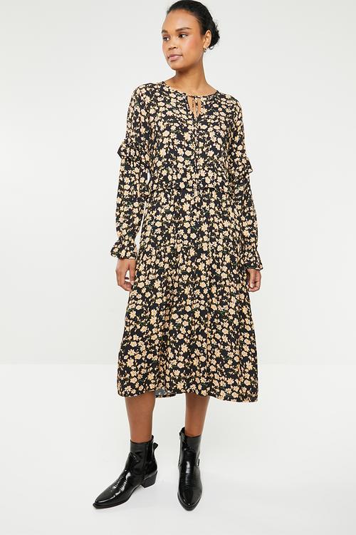 Peasant ruffle maxi dress - black & yellow