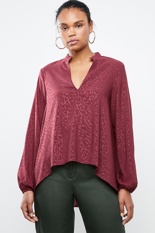Jacquard deep v blouse - burgundy