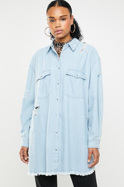 Oversized distressed denim shirt - blue