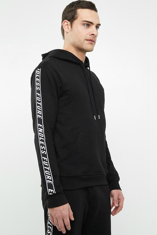 Printed tape pullover sweat hoodie - black
