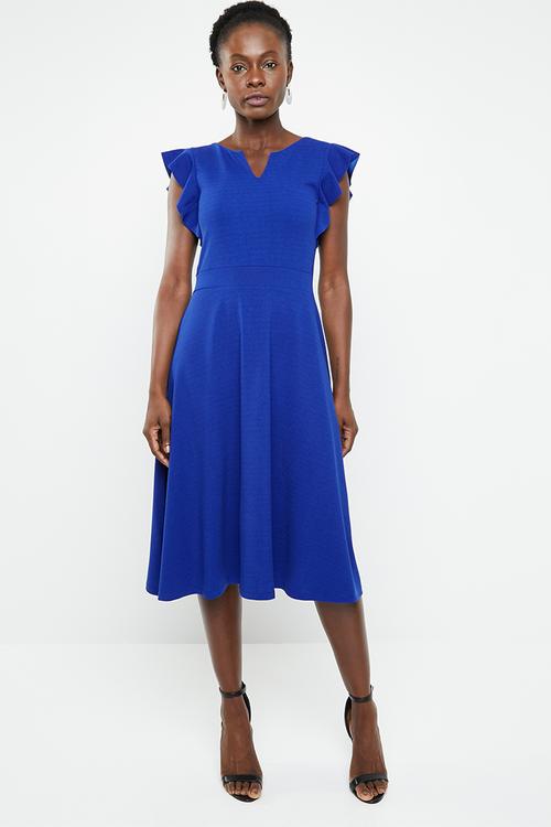 Frill detail fit and flare dress - blue