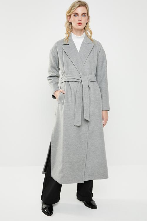 Belted melton trench coat - grey
