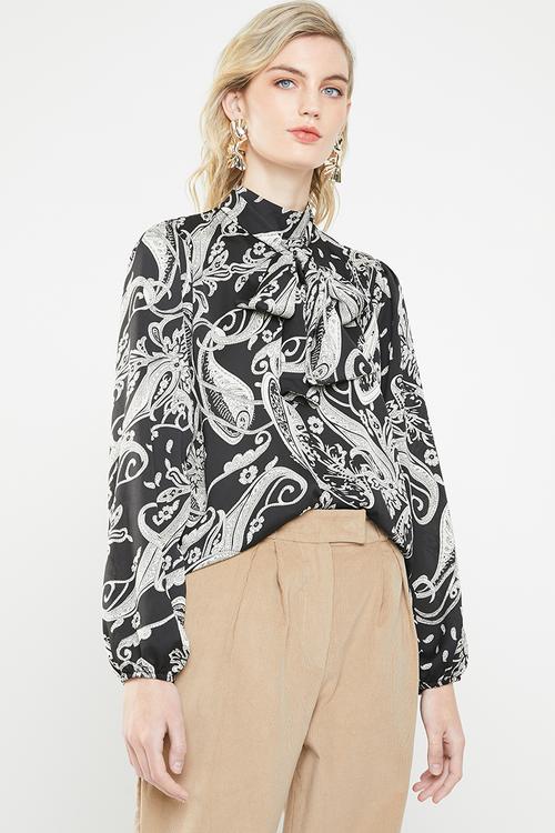 Kitty bow blouse - black & cream 