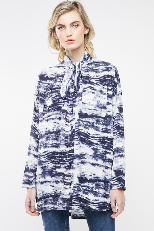 Kitty tie longer length shirt - blue & white