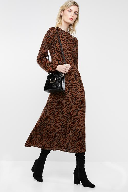 Hi neck midi dress - brown & black