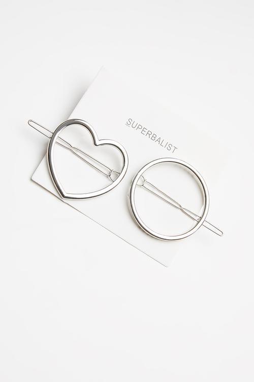 2 pack heart and circle hair clips - silver