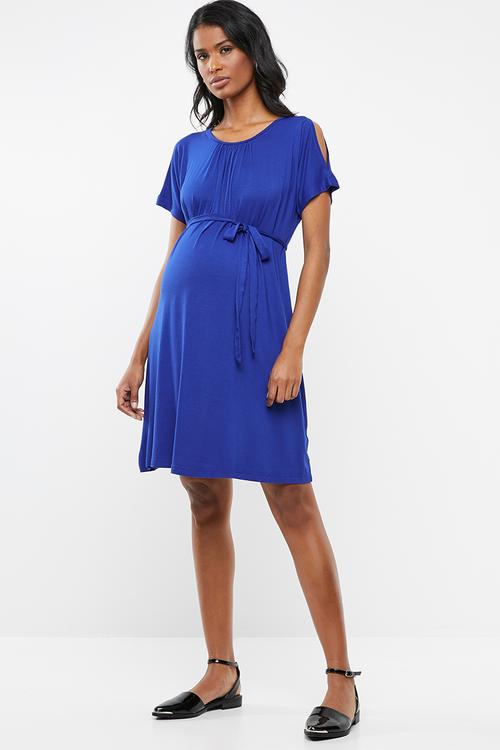 Cold shoulder short sleeve maxi dress - blue