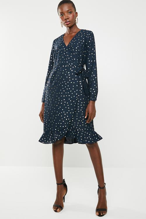Henna dot wrap dress - navy & gold 