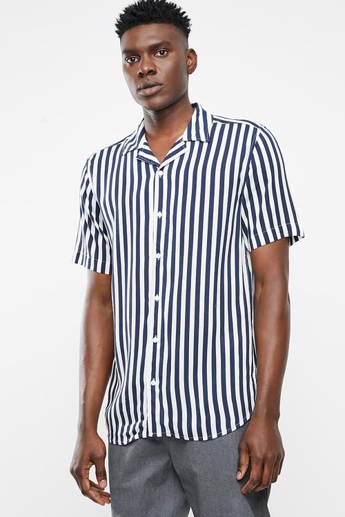 Wayne short sleeve striped viscose shirt - navy