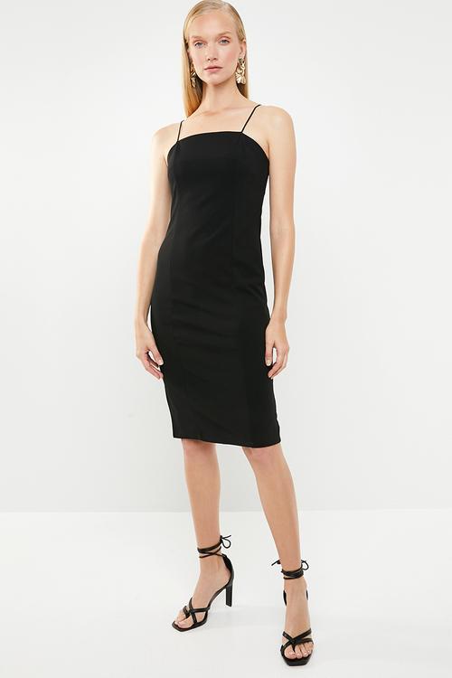 Square neck bodycon midi dress - black 
