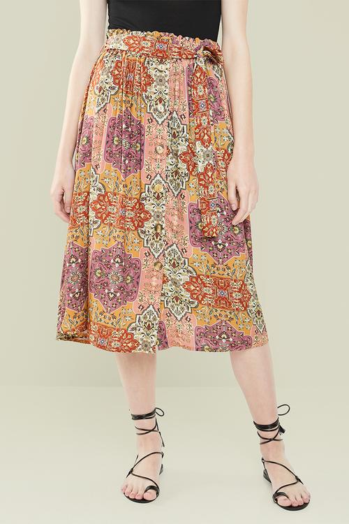 Tile print button through midi skirt - multi 