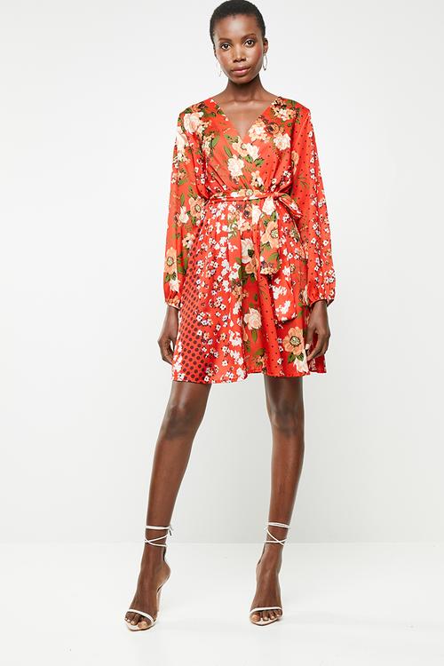 Long sleeve contrast wrap dress - red