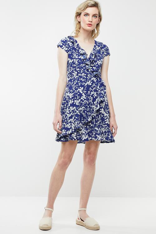 Floral tea dress with frills - blue
