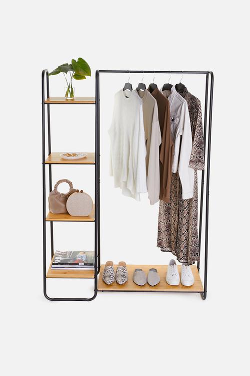 Double bamboo clothing rail - natural & black