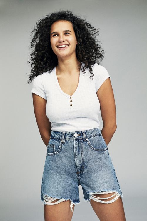 High rise flashback denim - distressed mid blue rips