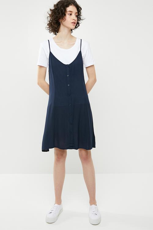 Strappy woven button through dress - navy