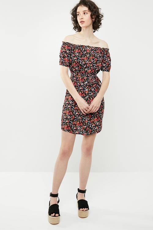 Off shoulder floral dress with tie - multi