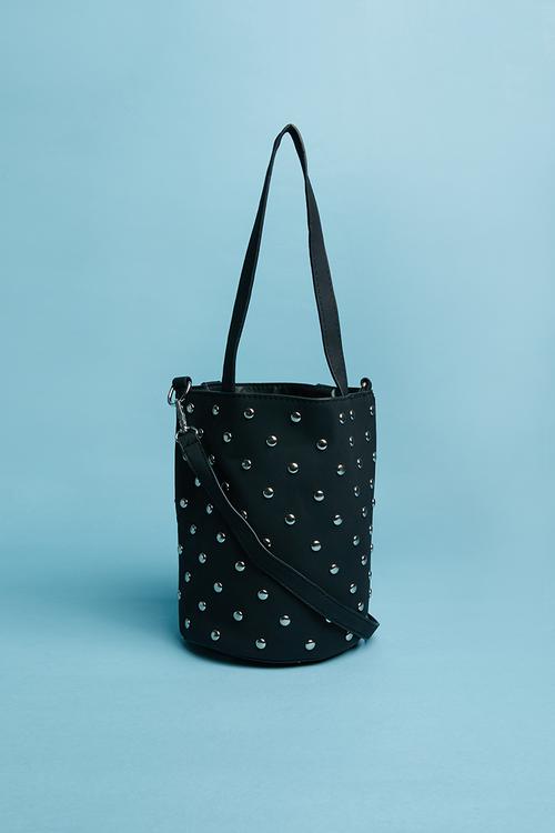 Round studded bucket bag - black