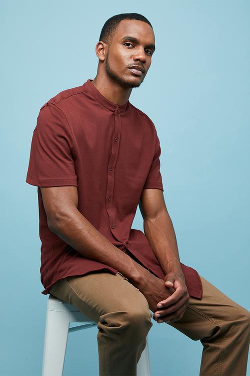 Pique knit mandarin shirt - burgundy