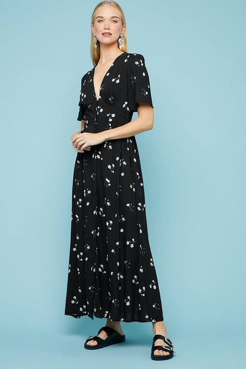 Button thru fit & flare dress - black & grey