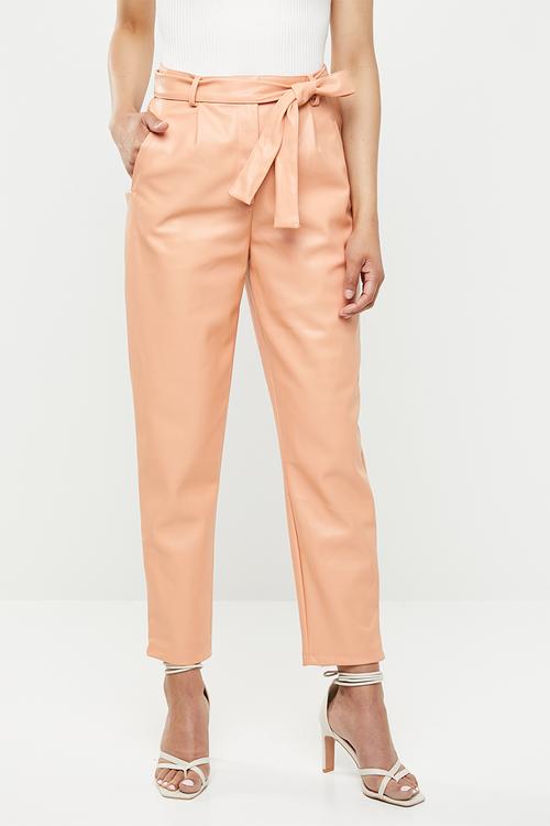Faux leather tie waist trousers - peach