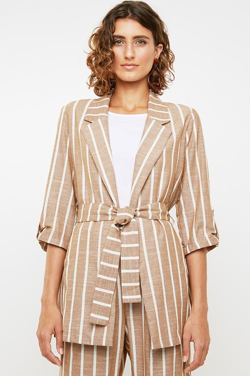 Linen look suit jacket - brown & cream