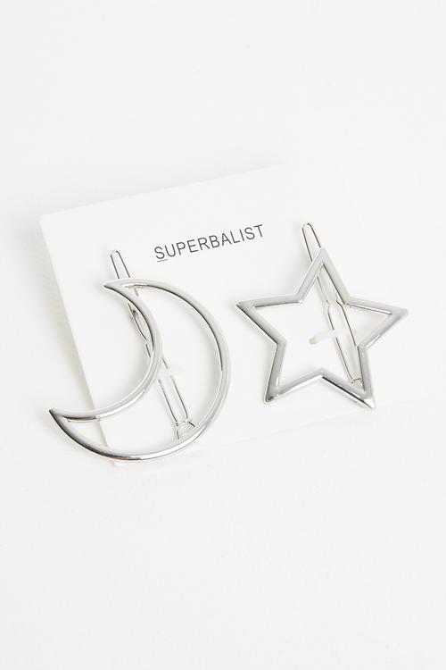 2 Pack star and moon hair clips - silver
