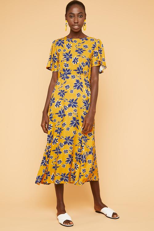 Midi tea dress - yellow & navy