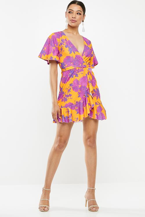 Floral wrap dress - orange & purple