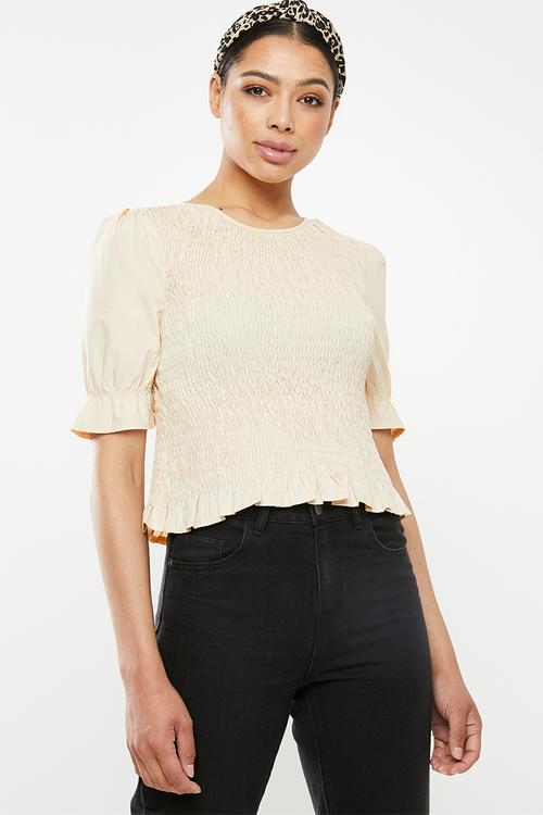 Poplin shirred puff short sleeve top - beige